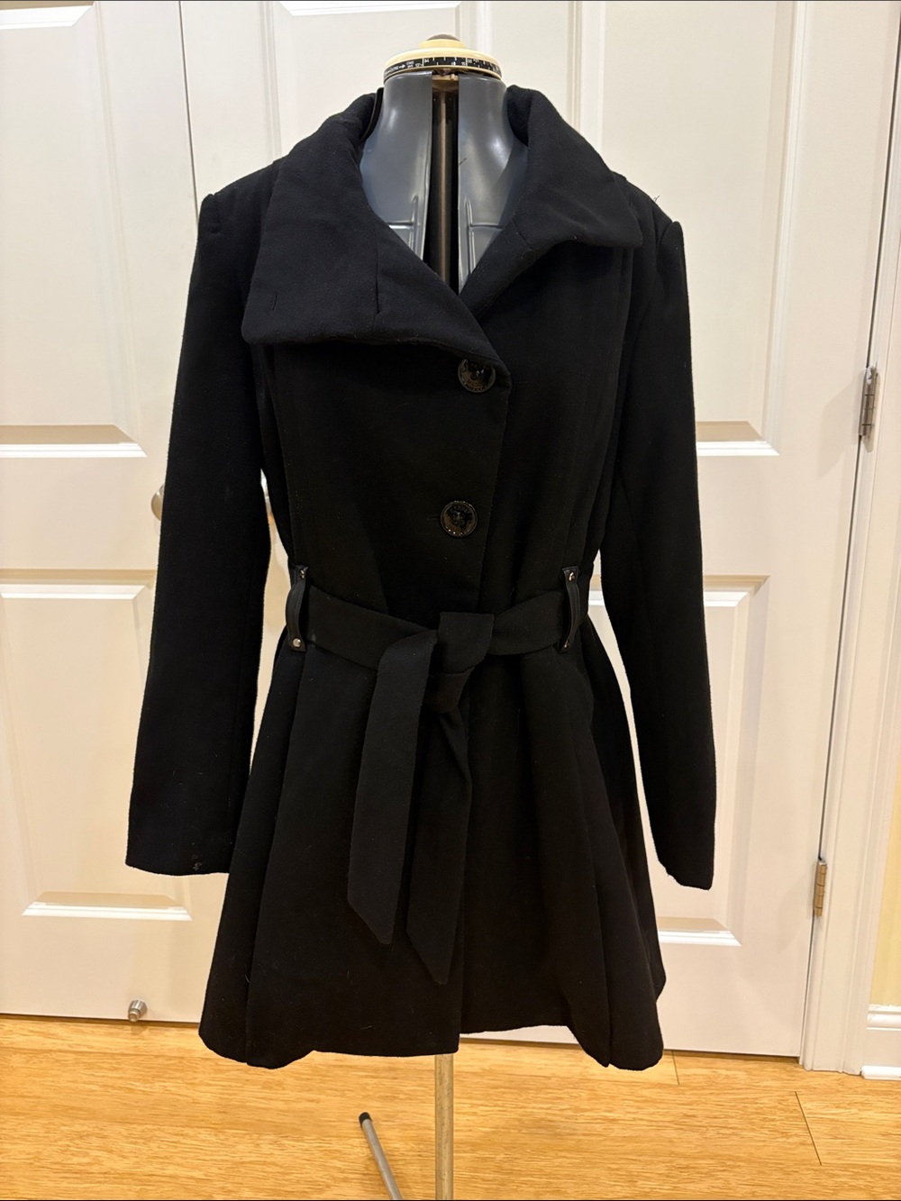 Steve Madden Black Fit & Flare Lined Pea Coat w/ Leather Trim Belt Loops, Large